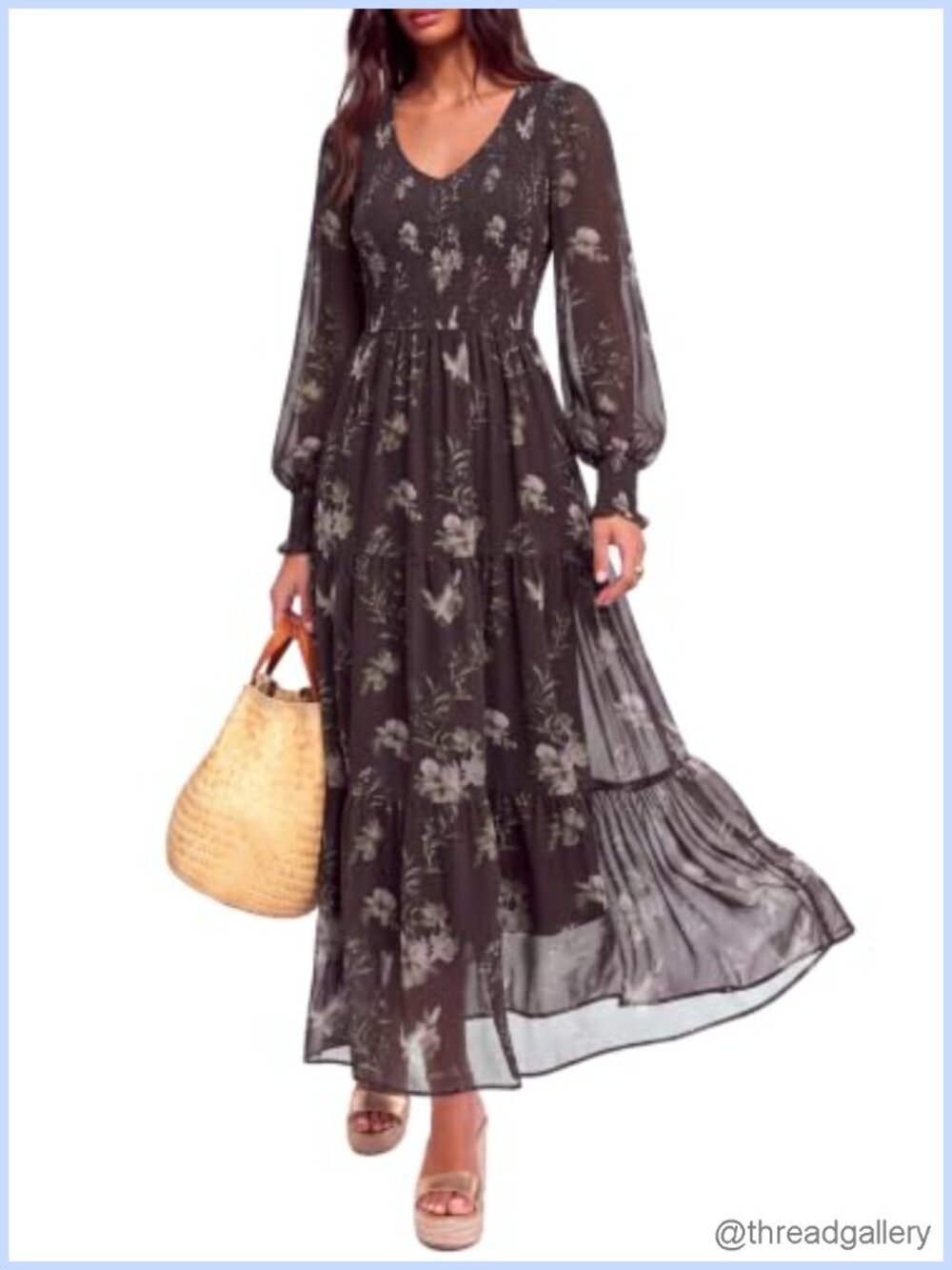 MASCOMODA Womens Floral Long Sleeve Smocked Maxi Dress Boho A Line Fall